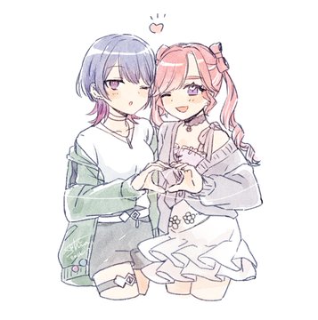 Two girls, one with purple hair winking and the other with pink hair, kneel close together to form a heart shape with their hands, while a small heart floats above them, illustrating the affectionate "Shibery" theme the post mentions wanting to repost.