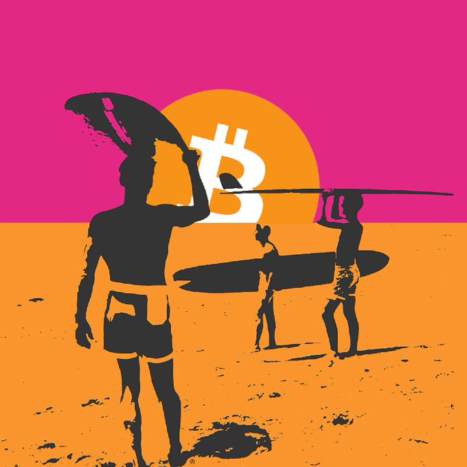 The image features a beach scene with three people standing on the sand, each holding a surfboard under their arm. One of them has a Bitcoin symbol on his surfboard. The background of the image is pink, which complements the overall color scheme. The text "bitcoin gives me endless summer vibes" is written in white at the bottom right corner of the image.