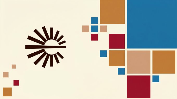 The image features a rising sun-like geometric emblem on the left alongside an arrangement of colorful squares and rectangles in shades of blue, red, and brown, all set against a cream background. There is no text or branding visible in the image itself. The post's message about dedicated chains on Espresso doesn't directly connect to the abstract design, suggesting this may be a generic graphic accompanying a broader point about blockchain ownership and customization versus shared infrastructure.