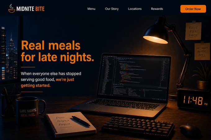A website homepage for 'MIDNITE BITE' featuring the headline 'Real meals for late nights' and a warm-lit image of a laptop, lamp, and mug showing '11:48 PM'.