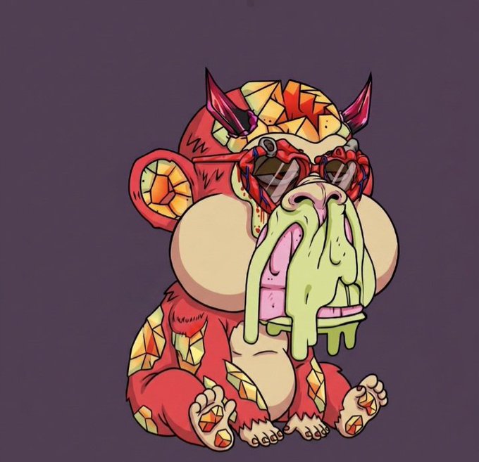 A digital illustration of a cartoon monkey wearing red heart-shaped sunglasses, with colorful geometric patches on its fur and green slime dripping from its mouth, set against a dark purple background.