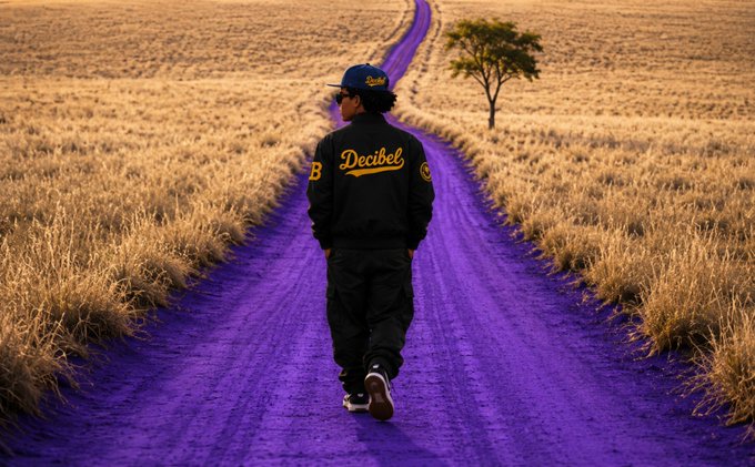 A person in a black tracksuit and cap walking down a purple dirt path through a golden savanna, with the word "Decibel" on their jacket.