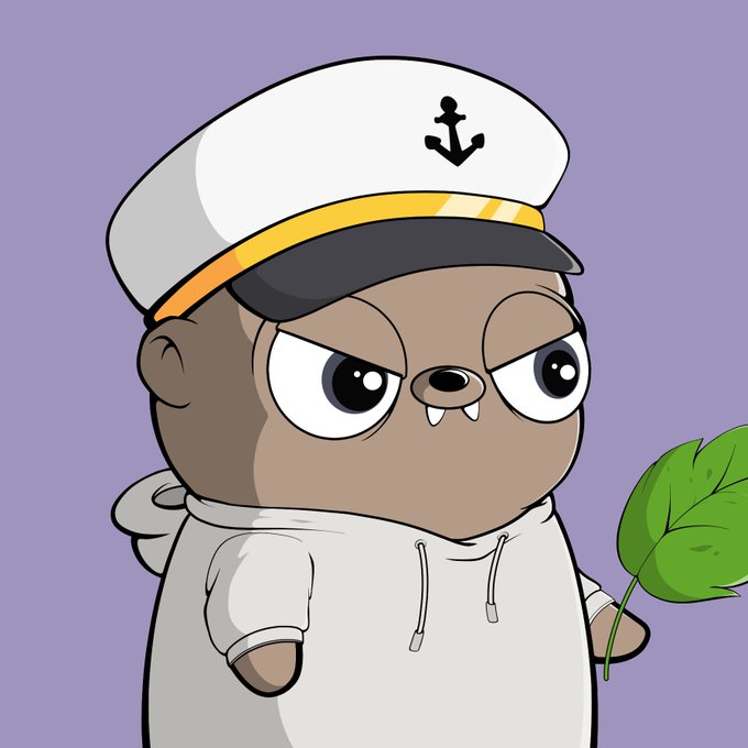 A cartoon illustration of a brown character in a sailor hat and white hoodie holding a green leaf against a purple background.