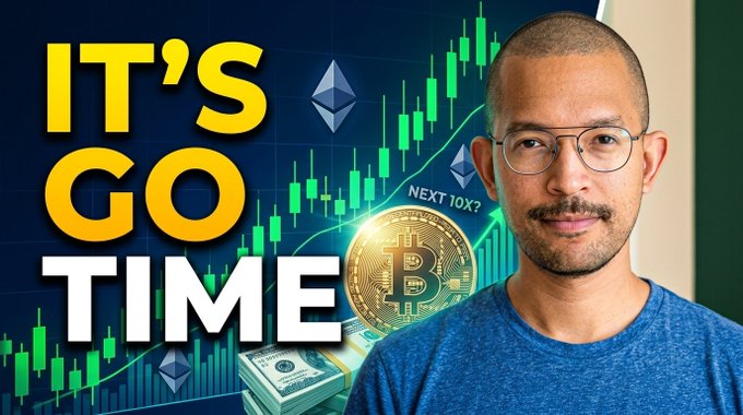 The image shows a man wearing glasses and a blue shirt positioned in front of a graphic featuring Bitcoin and Ethereum logos, a rising green candlestick chart, stacks of cash, and bold yellow text reading "IT'S GO TIME" alongside "NEXT 10X?"—visually reinforcing the video's urgent message about a major upcoming Bitcoin and crypto opportunity.