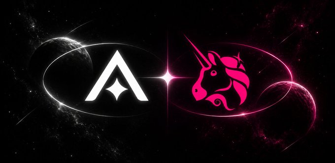 A digital graphic showing a white triangular 'A' logo on the left and a pink unicorn logo on the right, set against a space-themed background with planets.