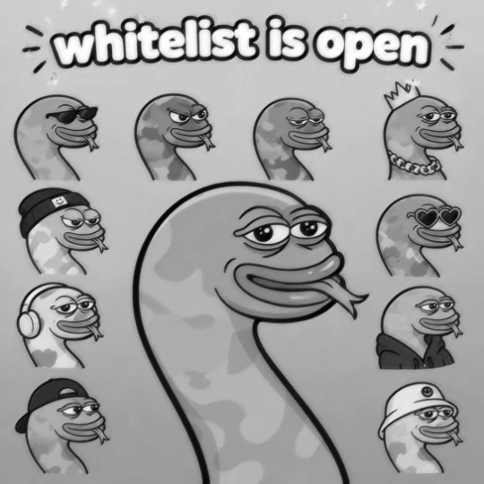 A meme featuring various stylized 'whitelist is open' snake characters with different accessories like sunglasses, a crown, a beanie, and headphones, surrounding a larger central snake.
