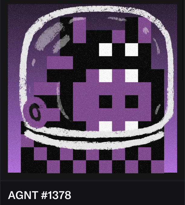 A pixel-art style portrait of a purple and black character with white pixelated eyes, wearing a spacesuit or helmet, with the text "AGNT #1378" at the bottom.