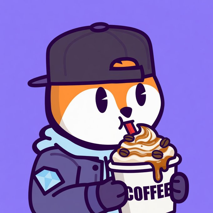 A cartoon illustration of a cute dog character wearing a backwards cap and hoodie, drinking whipped cream-topped coffee from a cup labeled 'COFFEE', with a diamond logo on its sleeve.