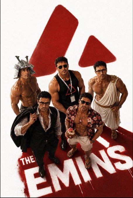 ers movie poster for "The Emins" features five muscular men with sunglasses and a red triangle logo, standing on a white background.
![Image of The Emins Movie Poster]