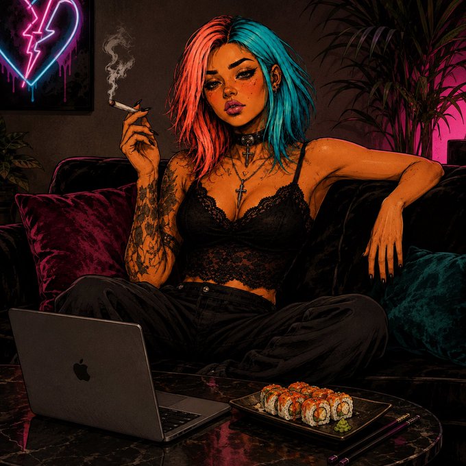 A stylized digital illustration of a woman with half-pink, half-blue hair, wearing a black lace top, smoking a cigarette, and sitting on a couch with a laptop and a plate of sushi on the table in front of her.