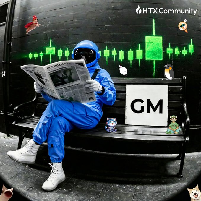 A figure in a blue hazmat suit and helmet sits on a black bench reading a newspaper, surrounded by floating crypto stickers (Dogecoin, Ethereum, penguin, Shiba Inu) and a green candlestick chart, with a "GM" sign beside them and the "HTX Community" logo in the top corner—illustrating the post's friendly morning greeting and call to stay alert for the next big crypto opportunity.