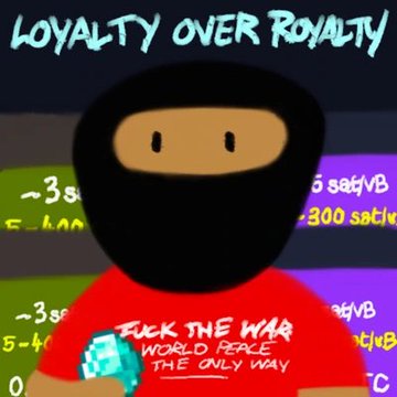 A cartoon ninja character wears a red shirt reading "FUCK THE WAR / WORLD PEACE / THE ONLY WAY" with the header "LOYALTY OVER ROYALTY" displayed above against a glitchy, stat-filled background.