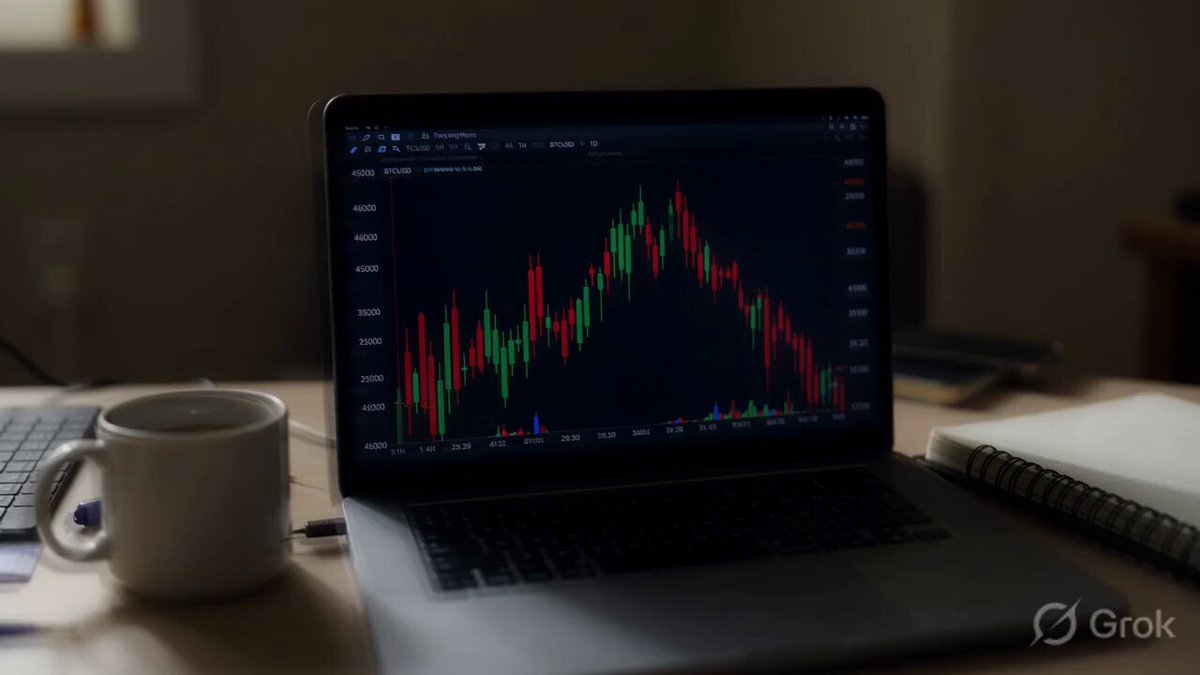 The image shows a laptop computer with a graph displayed on its screen, which appears to be a stock chart or financial graph. The laptop is placed on top of a desk next to a coffee cup and a notebook. The scene suggests that someone might be working on analyzing the stock market trends or making investment decisions based on the data presented in the graph.