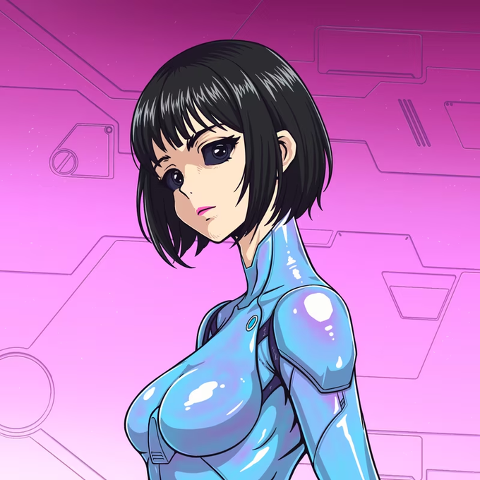An anime-style illustration of a woman with short black hair wearing a glossy blue futuristic bodysuit against a pink sci-fi background.