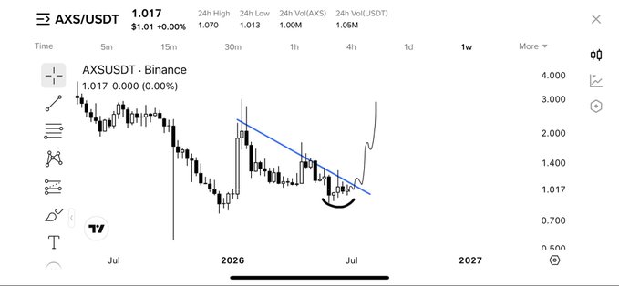 A TradingView chart of AXS/USDT on Binance shows the price at $1.017 (+0.00%) with a descending trendline that has been broken to the upside, accompanied by a hand-drawn curved arrow indicating a sharp bounce from the bottom—visually supporting the post's claim that AXS has bottomed and is set to pump.