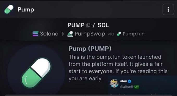 A screenshot shows the Pump (PUMP) token page on a Solana-based platform, listing its contract address as starting with "pumpCmXqMfrsAkQ5r49WcJnRayYRqmXz6ae8H7H9Dfn" and describing it as "the pump.fun token launched from the platform itself," aligning with the post noting that pump.fun's ICO token is pumping while a second deployed token sits at a much lower market cap.