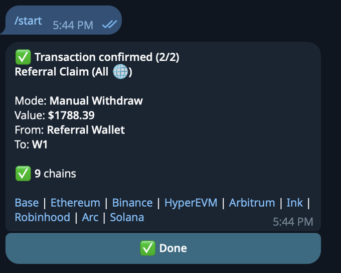 A Telegram bot notification confirms a successful manual withdrawal of $1,788.39 from a Referral Claim to wallet W1, processed across 9 chains including Base, Ethereum, and Solana. The image illustrates the passive income from trading bot referral codes mentioned in the post, showing real earnings from this often-overlooked crypto strategy.