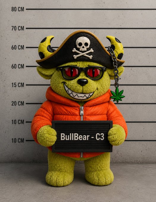 A 3D-rendered cartoon character 'BullBear - C3' depicted as a mugshot, featuring a green furry monster wearing a pirate hat with skull and crossbones, sunglasses, an orange puffer jacket, and holding a placard against a height chart background.