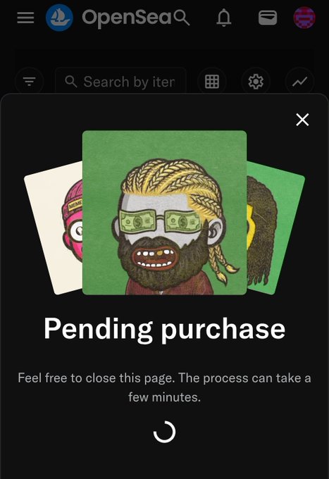 A screenshot of the OpenSea app showing a 'Pending purchase' dialog with three illustrated crypto-art NFT cards featuring stylized character portraits.