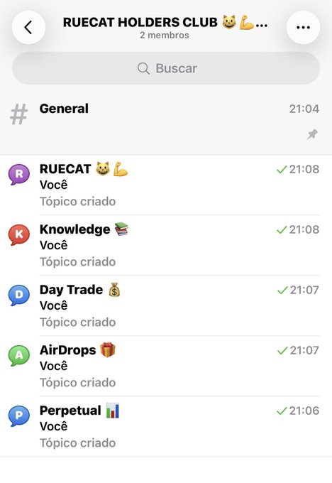 A screenshot of a Telegram channel named 'RUECAT HOLDERS CLUB' with 2 members, showing several created topics including 'General', 'Knowledge', 'Day Trade', 'AirDrops', and 'Perpetual'.