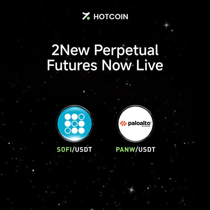 A Hotcoin promotional graphic with a starry black background announces "2 New Perpetual Futures Now Live," featuring the SOFI/USDT (cyan circle logo) and PANW/USDT (Palo Alto Networks logo) trading pairs, corresponding to the announcement of new listings for the fintech company SoFi and cybersecurity leader Palo Alto Networks scheduled for July 22 at 19:00 UTC+8 with up to 25x leverage.