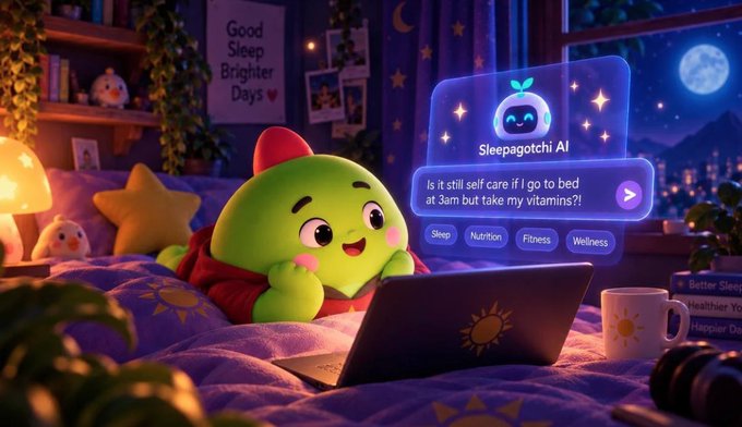 A green Sleepagotchi AI character lies on a bed using a laptop, with a holographic display showing the question "Is it still self care if I go to bed at 3am but take my vitamins?!?" alongside options for Sleep, Nutrition, Fitness, and Wellness.