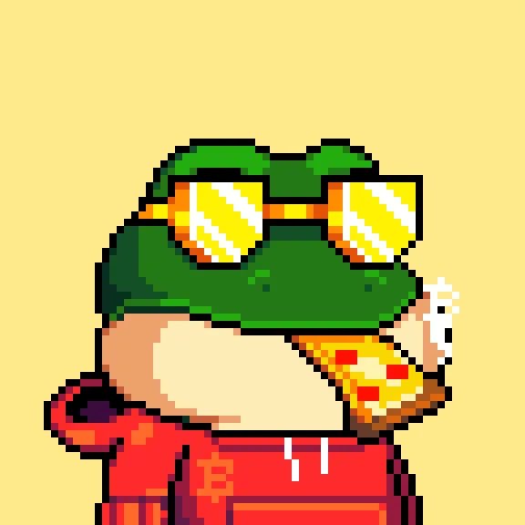 Pixel art illustration of a Pepe-style frog wearing yellow-tinted sunglasses and a red hoodie with a Bitcoin logo, eating a slice of pizza against a yellow background.