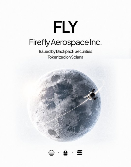 A minimalist promotional poster for 'FLY' by Firefly Aerospace Inc., showing a spacecraft orbiting the moon with text noting it's tokenized on Solana.