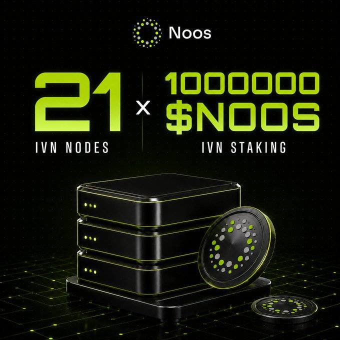 A promotional graphic for Noos showing '21 IVN NODES' multiplied by '1000000 $NOOS IVN STAKING' alongside an image of black hardware nodes and a green and black NOOS coin.