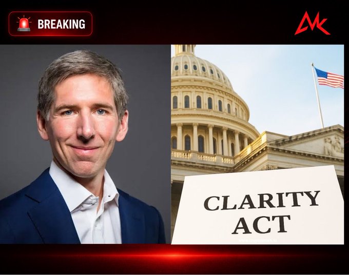 A news-style graphic features a man in a suit beside the US Capitol building and a sign reading 'CLARITY ACT', with a 'BREAKING' alert and a logo in the top corners.