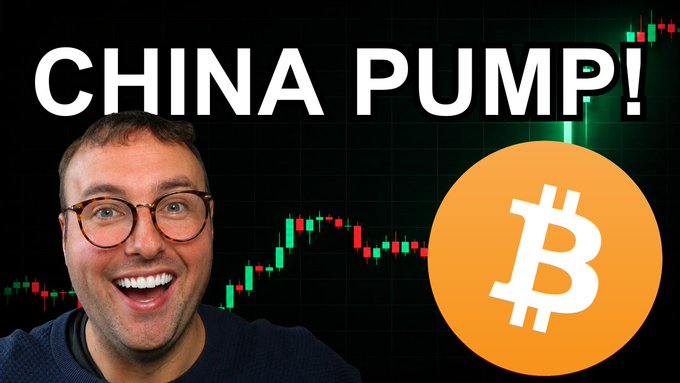 A YouTube thumbnail-style image showing a smiling man with glasses in front of a green and red candlestick chart, with large text reading 'CHINA PUMP!' and an orange Bitcoin logo.