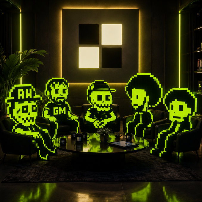Five pixel-art figures with glowing neon green outlines sit around a coffee table in a dimly lit room with a yellow-lit geometric wall art piece; one figure's hat reads 'AH' and another's shirt reads 'GM'.