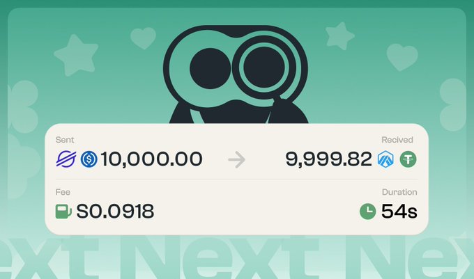 A transaction confirmation screen showing a swap of 10,000.00 SOL to 9,999.82 worth of tokens, with a fee of $0.0918 and a duration of 54 seconds, featuring an owl-like logo.