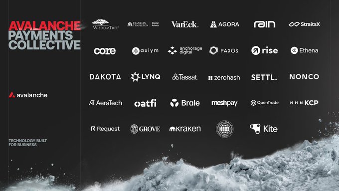 A promotional graphic for the Avalanche Payments Collective, featuring the Avalanche logo and a grid of partner companies including WisdomTree, FRANKLIN TEMPLETON, Vareck, Agora, and Kraken, with the tagline 'TECHNOLOGY BUILT FOR BUSINESS'.