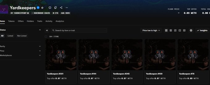 Screenshot of the Yardkeepers NFT collection on OpenSea showing 364 items with a floor price of 0.00 ETH and top offers around 0.47–0.09 METH, matching the post's 0.09 ETH offer for the YARD collection.