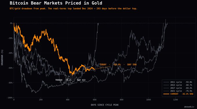 A financial chart titled 'Bitcoin Bear Markets Priced in Gold' compares the drawdown of various BTC/gold cycles, with the current cycle shown in orange at -62.0% on day 596, authored by @dandellv.