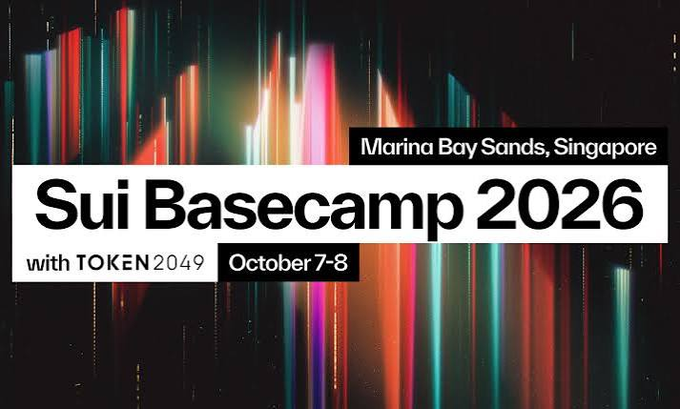 A promotional graphic for "Sui Basecamp 2026" held at Marina Bay Sands, Singapore on October 7-8, co-hosted with Token2049, featuring vibrant colorful light streaks against a black background. The image directly relates to the post, as it advertises the Singapore conference where the speaker will appear on main stage for the Hudi World Trading Competition Session on October 7th.
