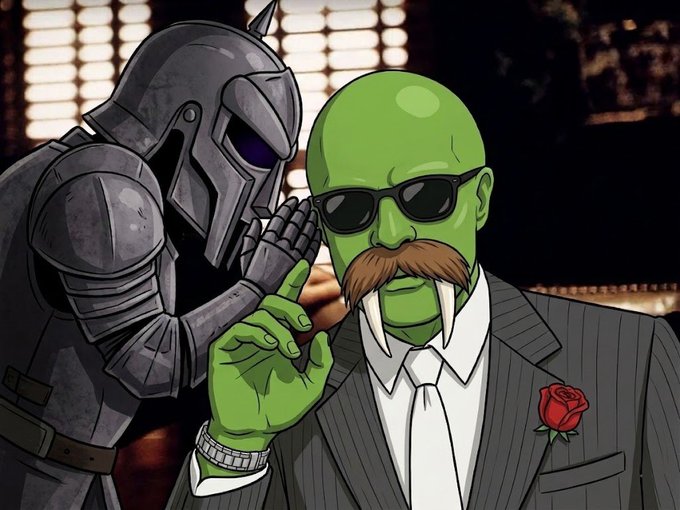 Cartoon-style NFT art featuring a green-skinned character with a walrus mustache and sunglasses in a suit, whispering to a gray armored figure.