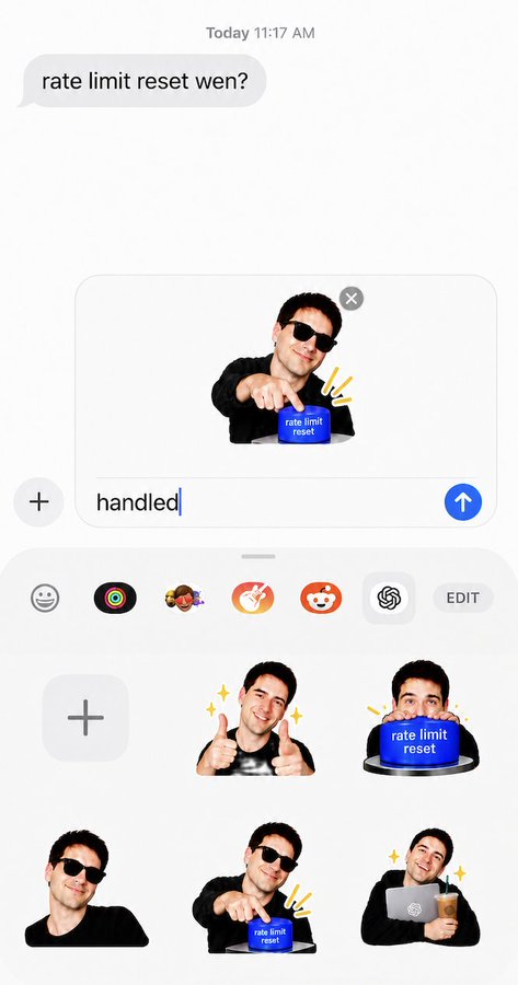 A text message conversation shows someone asking "rate limit reset wen?" with the reply being a Bitmoji of a man in sunglasses pressing a blue "rate limit reset" button, alongside other stickers featuring the same character giving thumbs up and holding an iced coffee. The image humorously relates to the post about third-party Twitter clients being rate-limited, with the meme treating the rate limit reset as a manually pressable button.