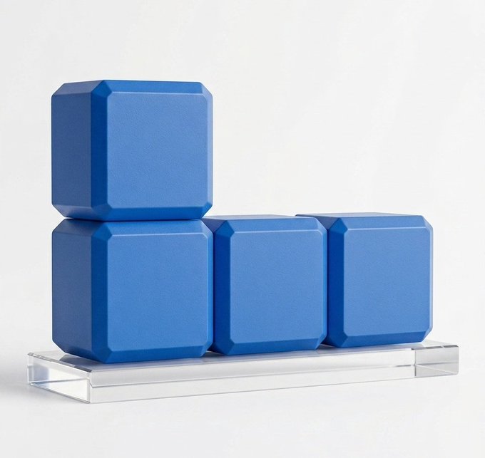 The image features a collection of blue cubes stacked on top of each other, with one cube placed directly on its side. The cubes are arranged in a way that they appear to be leaning against each other or resting on their sides. The background is white, which makes the blue cubes stand out prominently. The caption above the image reads: "The future is onchain, and @base is helping make that future accessible to everyone. Simple, affordable, and built for scale." This message seems to be related to the concept of stacking or building something up, possibly symbolizing progress or growth in a particular field or industry.