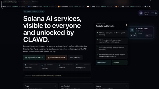 The image shows a webpage with text about Solana AI services. It seems to be a description of how the service works or information related to the technology behind it. The website appears to be open in a browser, possibly on a computer, as there are multiple tabs and sections present on the screen. This image is relevant to the post because it provides additional context about what the content displayed on the webpage is all about - Solana AI services being visible to everyone and locked by Clawd. X402.wtf.