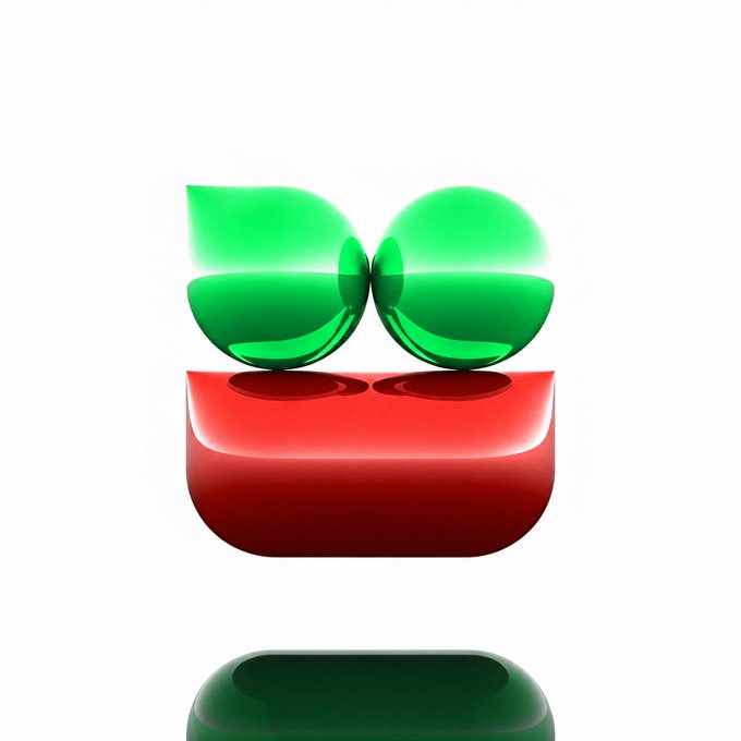 A stylized, glossy 3D logo features two green spherical shapes resembling leaves or fruit sitting atop a red rounded base, with a dark reflection visible below against a white background.