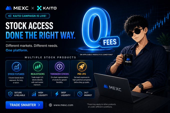 A promotional advertisement for MEXC exchange featuring a 'KAITO CAMPAIGN' offering 0 fees on stock trading products like Stock Futures, Realstocks, Tokenized Stocks, and Pre-IPO.