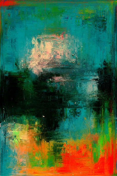 An abstract painting featuring textured layers of teal, dark green, black, and orange with a pinkish central area, showing heavy brushwork and weathered edges.