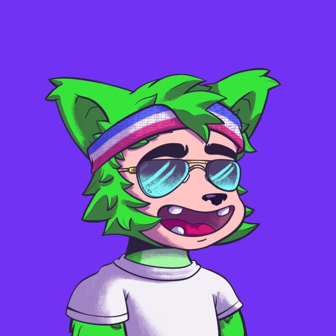 A vibrant cartoon-style green furry character with blue-tinted sunglasses and a Bi-Pride headband grins confidently against a purple background, embodying the bold, stand-out attitude of the INK BANX NFT collection launching on OpenSea.