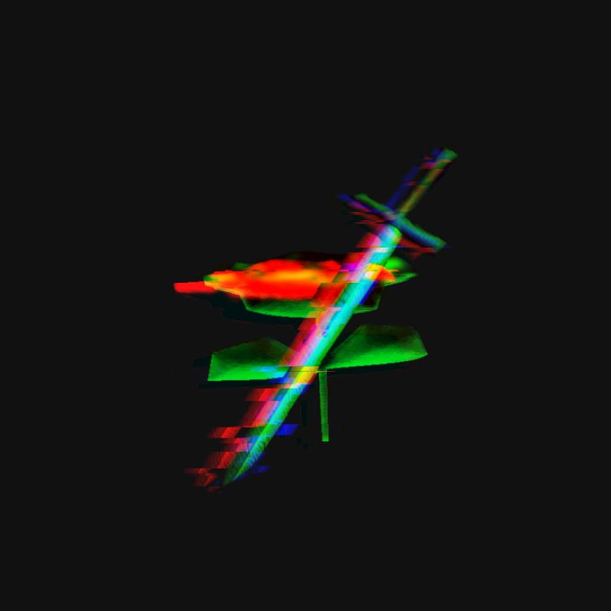 An abstract digital artwork on a black background featuring glitch-like, colorful geometric planes in red, green, and blue that intersect diagonally.