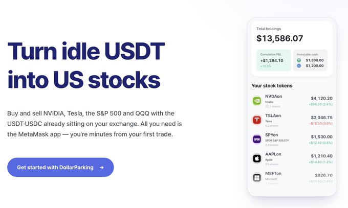 A MetaMask advertisement with the headline 'Turn idle USDT into US stocks', explaining that users can buy and sell NVIDIA, Tesla, S&P 500, and QQQ with USDT-USDC on MetaMask via DollarParking, showing a portfolio interface with $13,586.07 total holdings.