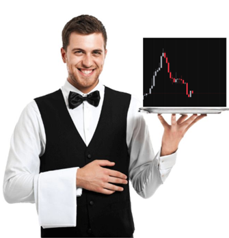 A stock photo of a smiling waiter in a white shirt and black vest holding a silver tray with a laptop on it, the screen displaying a downward-trending red and white financial chart.