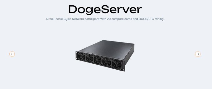 A product page for 'DogeServer' described as a rack-scale Cgminer Network participant with 20 compute cards for DOGE/LTC mining, showing a black rack-mounted server unit.