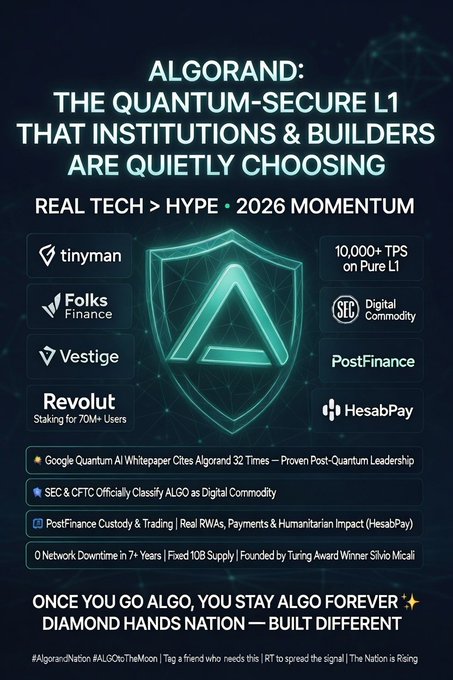A promotional graphic titled 'ALGORAND: THE QUANTUM-SECURE L1 THAT INSTITUTIONS & BUILDERS ARE QUIETLY CHOOSING' featuring the Algorand logo, partner names including Tinyman, Folks Finance, Vestige, Revolut, PostFinance, and HesabPay, with hashtags #AlgoNation and #ALGoTheMoon.